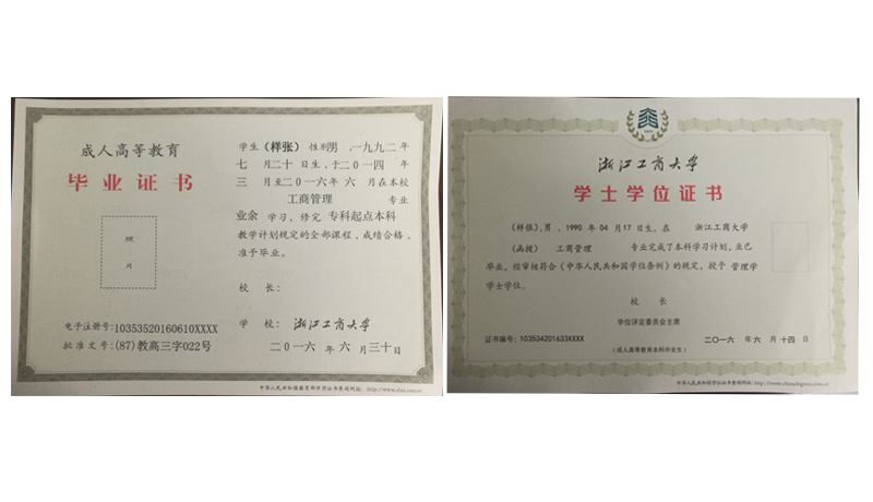 浙江工商成人高等学历毕业证书样本